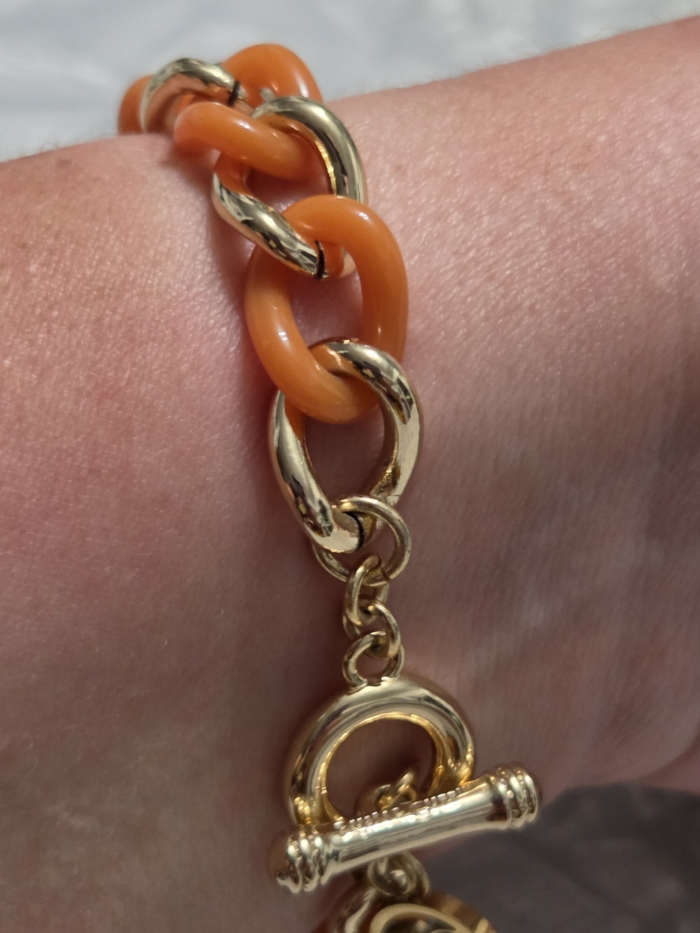Rustic Cuff Bracelet Orange And Gold Tone Curb Toggle